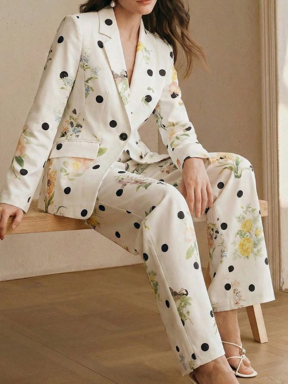 White Elegant Women's Polka Dot & Floral Cinched Waist Blazer